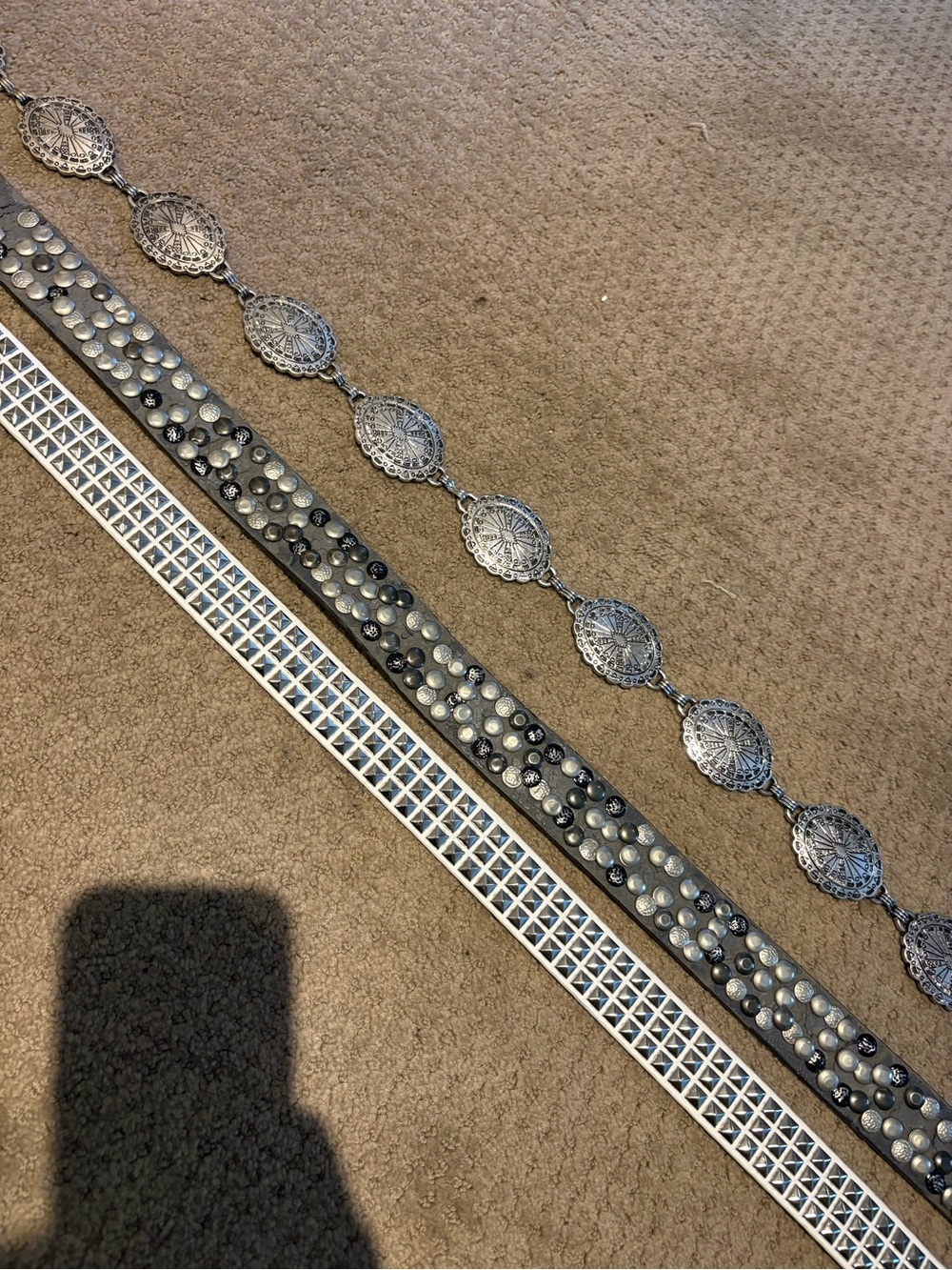 Set of 3 Grey Silver White and Metal Chain Stud Leather Belts with